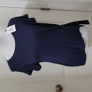 Pret-A-PorTEE Size S Navy Blue Side Front Tie T Shirt with Wide Ruffle-ish Hem